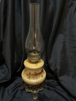Vintage 19.5  Oil Lamp Windmill & Sailboat Scene with Cast Metal Base #120