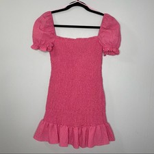 Zara Textured Weave Puff Sleeve Pink Mini Dress Ruffle Square Neck Sz. M New