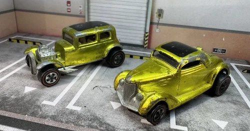 2 Hot Wheels Redlines-1969 Classic ‘32 Ford Vicky & ‘36 Ford Coupe, Lime Yellow