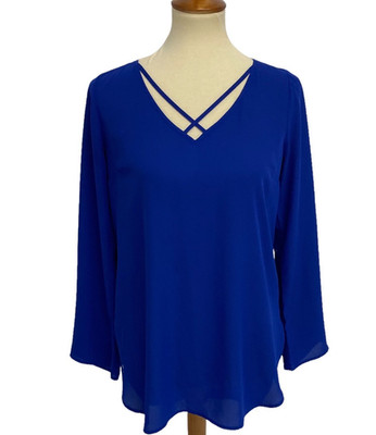 Express Women's Long Sleeve V-Neck Bright Blue Sheer Blouse Size XS