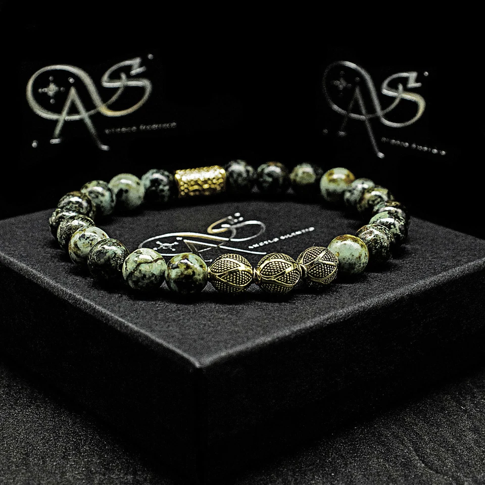 African Türkis 925 Sterling Silber Armband Bracelet Perlenarmband Kugel 18k Gold - Bild 4 von 4