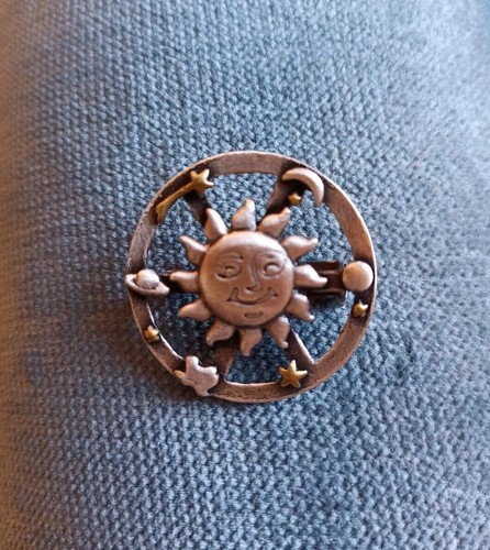 Beautiful Vintage Celestial Brooch Pin Pewter Gold Tone Sun Moon Stars Planets