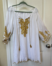 Chic Connections CC Women White Dress Yellow Embroidered Small Boho Beach Lined