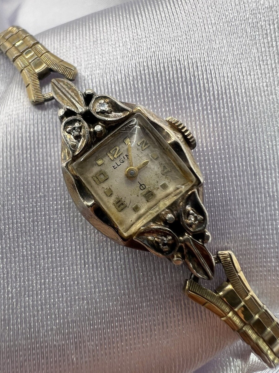 Vintage Elgin Womens Watch Mechanical 10RGP Sterling Lug Art