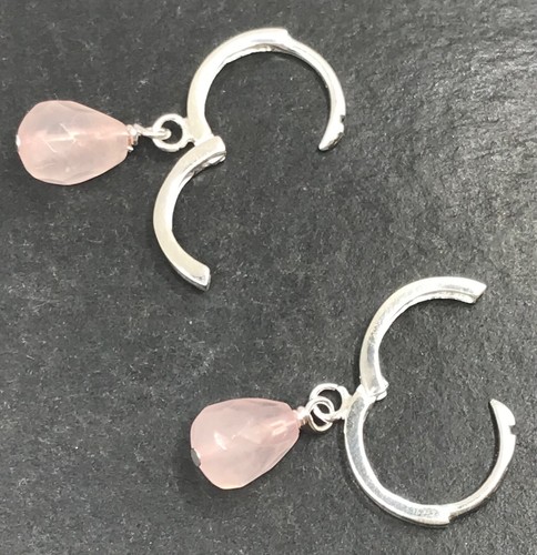 Small rose quartz pear earrings solid Sterling Silver huggie 12mm hoop, 25mm - Picture 4 of 8