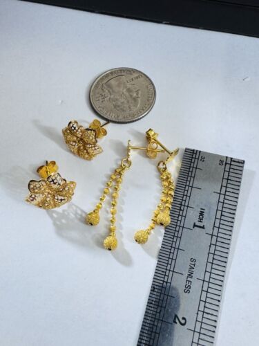 NEW 21K 875 Real Gold Flower Earring & 22K Beads Balls Earring 6.3g Set of Two - Picture 4 of 20