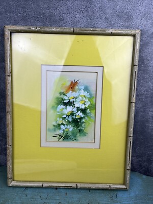 JOY ALLDREDGE ORIGINAL WATERCOLOR PAINTING Flowers BUTTERFLY FRAMED 1970 s