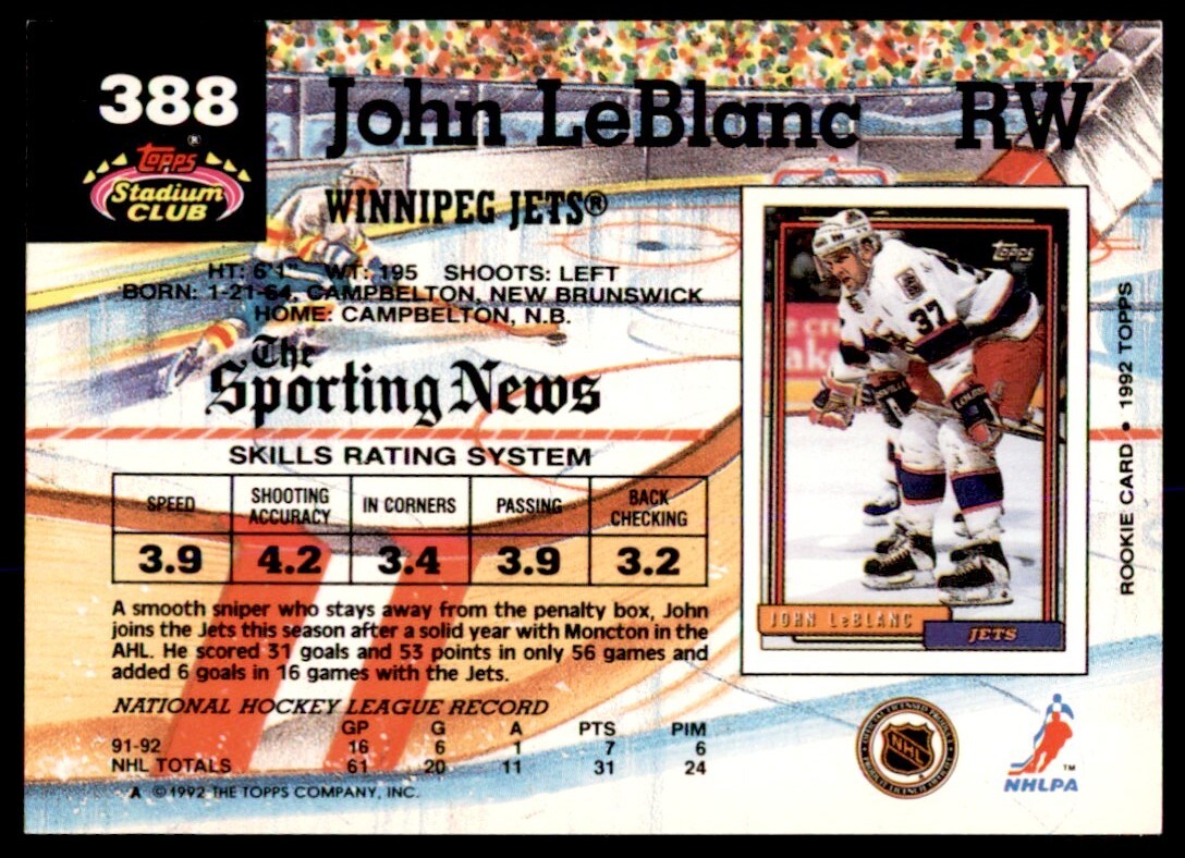 1991-92 Stadium Club John LeBlanc Rookie Winnipeg Jets #388 | eBay