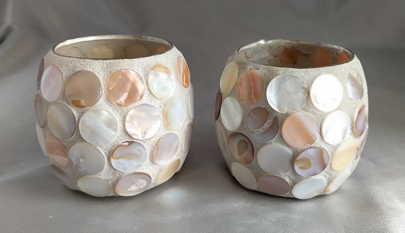 Set (2) Sand & Shell Covered Round Tea Light/Votive Candle Holders