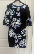 Vince Camuto black fitted dress Sz. 6 blue flowers print bell sleeves NWT
