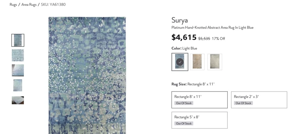 Alfombra abstracta Surya Platinum anudada a mano en azul claro Foto 2 de 2