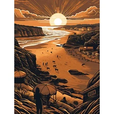 Afternoon Dog Walks Woolacombe Beach Illustration Huge Wall Art Print 18X24 In