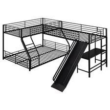 L-Shaped Twin over Full Bunk Bed and Twin Size Loft Bed with Built-in Desk,Slide