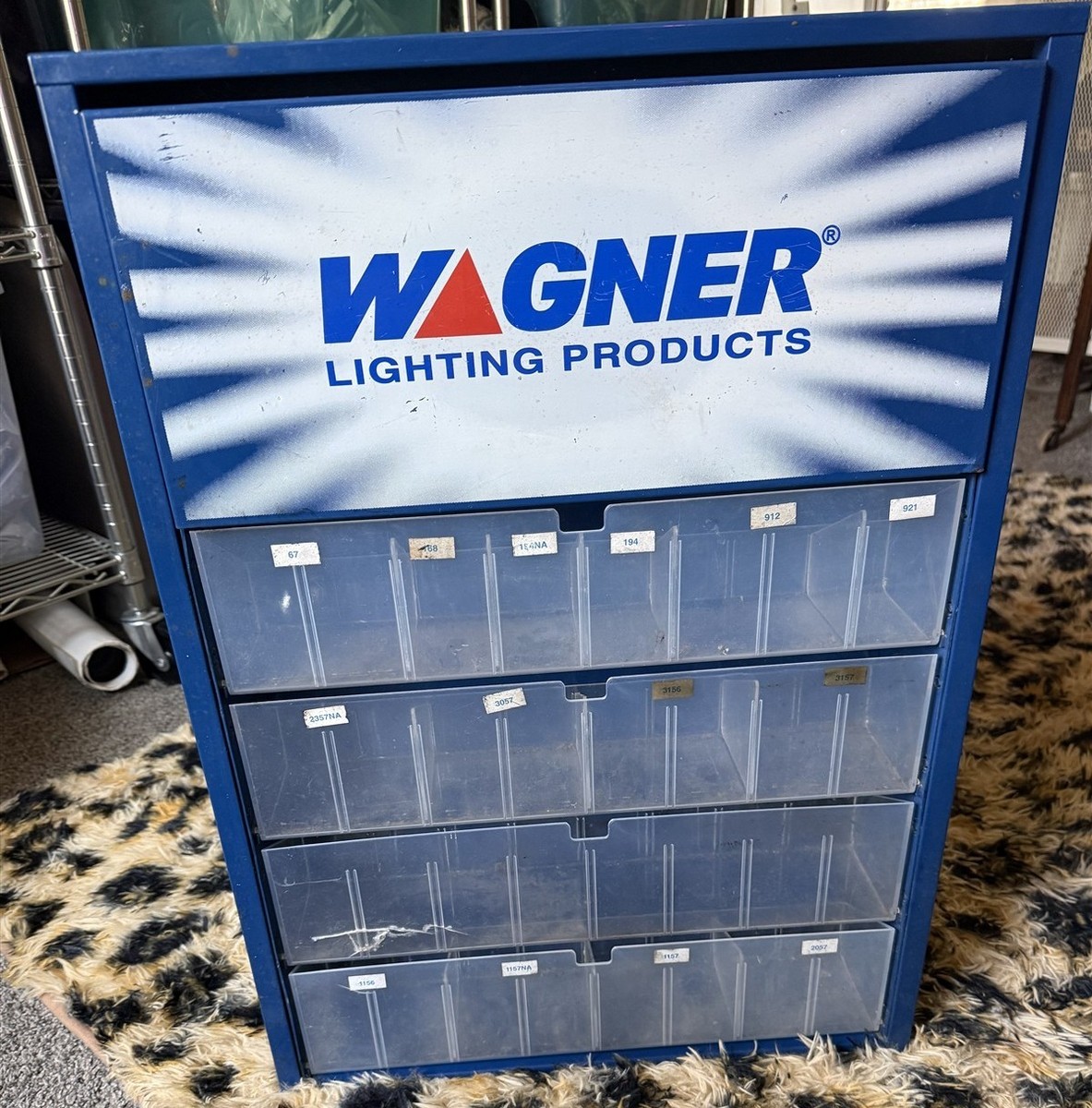 Vintage Wagner Automotive Lighting Bulb Cabinet Blue Metal Plastic
