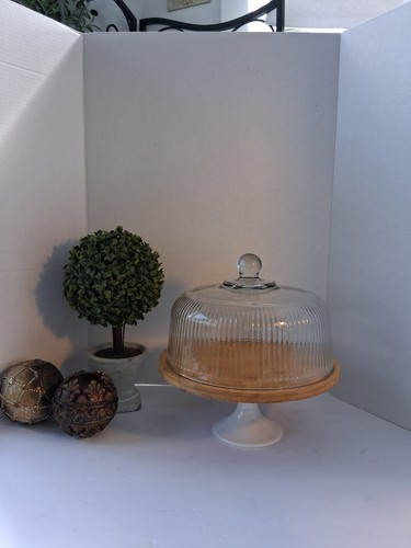 Bamboo Pedestal Cake Stand, Paired w/ Anchor Hocking Monaco Glass Cloché