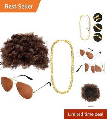 Hippie Disco Costume Men Set Disco Wig Afro Headgear Gold Celebrity Sunglasse...