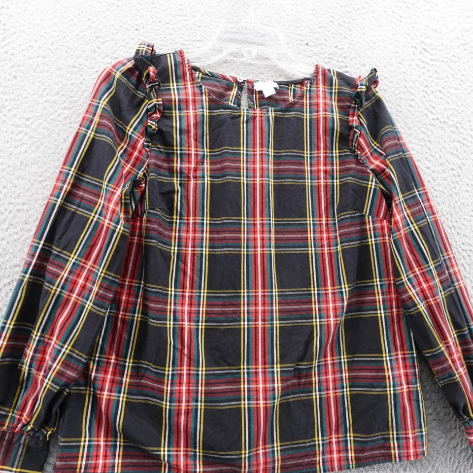 Blusa de hombro J Crew a cuadros con volantes pequeña negra roja amarilla para mujer manga larga Foto 3 de 4