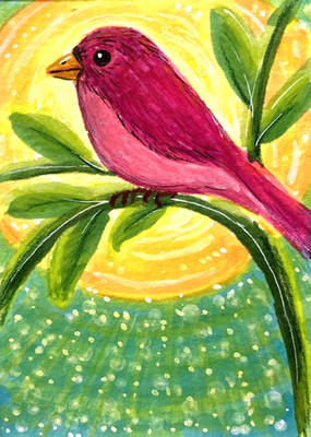 Red Bird Bright Sun Original ACEO Mixed Media Illustration amylenore