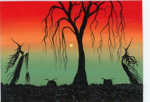 ACEO Original Acrylic Halloween Whimsy Witches Cauldrons Mini Fantasy Art HYMES