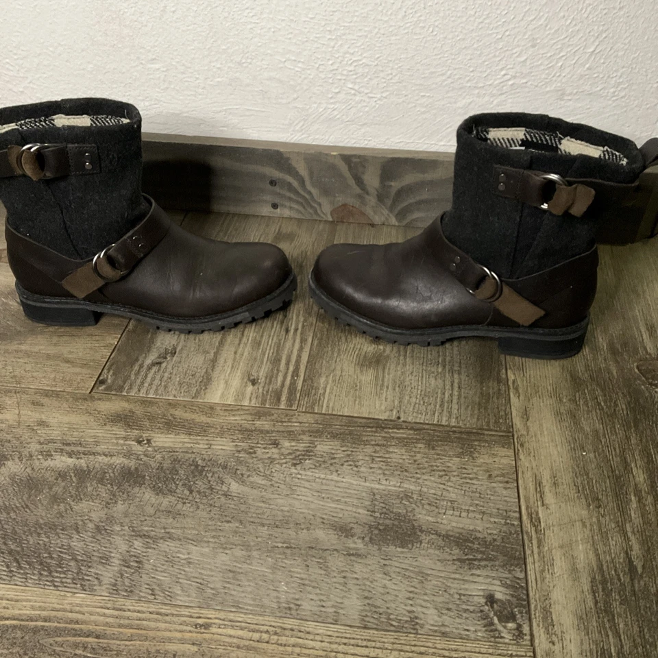Woolrich Baltimore Mujer Talla 8.5 Cuero Negro Marrón Lana Arnés Moto Botas Foto 4 de 4
