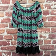 VaVa by Joy Han Dress Womens M Multicolor Boho Abstract Off Shoulder Fringe Knit