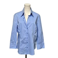 New York & Company Shirt Womens XL Blue Stretch Button Front Collared Blouse