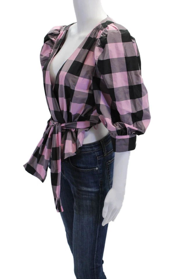 Zara Womens Half Sleeve V Neck Cropped Buffalo Plaid Top Pink Gray Size Large - Image 2 of 4