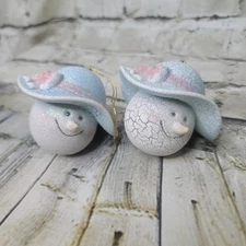 White Blue  4" Girl Head Snowman Ornament Figurine Crackle Paint