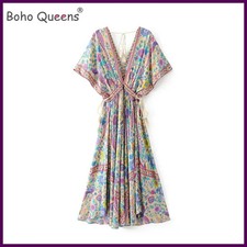 Boho Queens Women Peacock Floral Print Bat Sleeve Beach Bohemian  Maxi