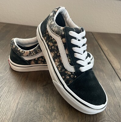 Vans Old Skool Shoes Girls Kids Size Lace Up Tie Flowers Canvas Black  Suede