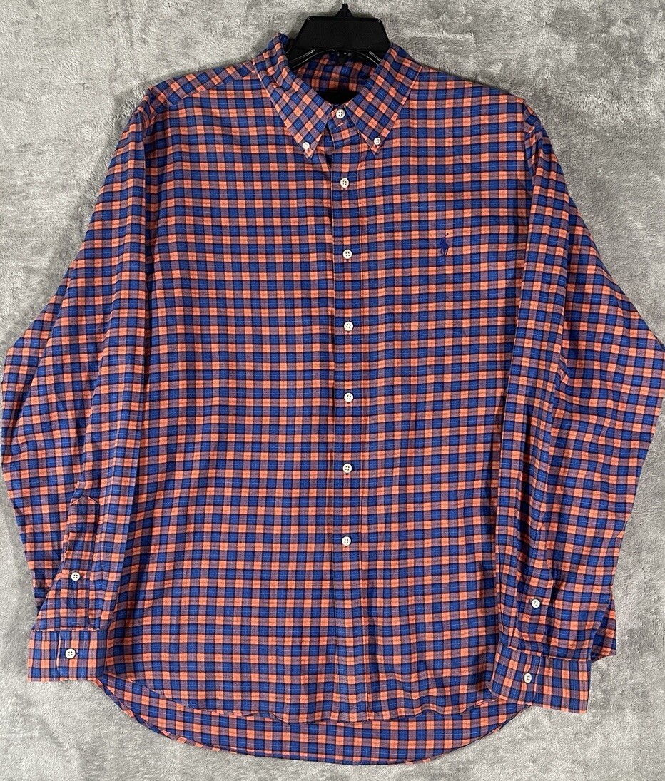 Polo Ralph Lauren camicia uomo XXL blu rosso arancione a quadri bottoni logo pony