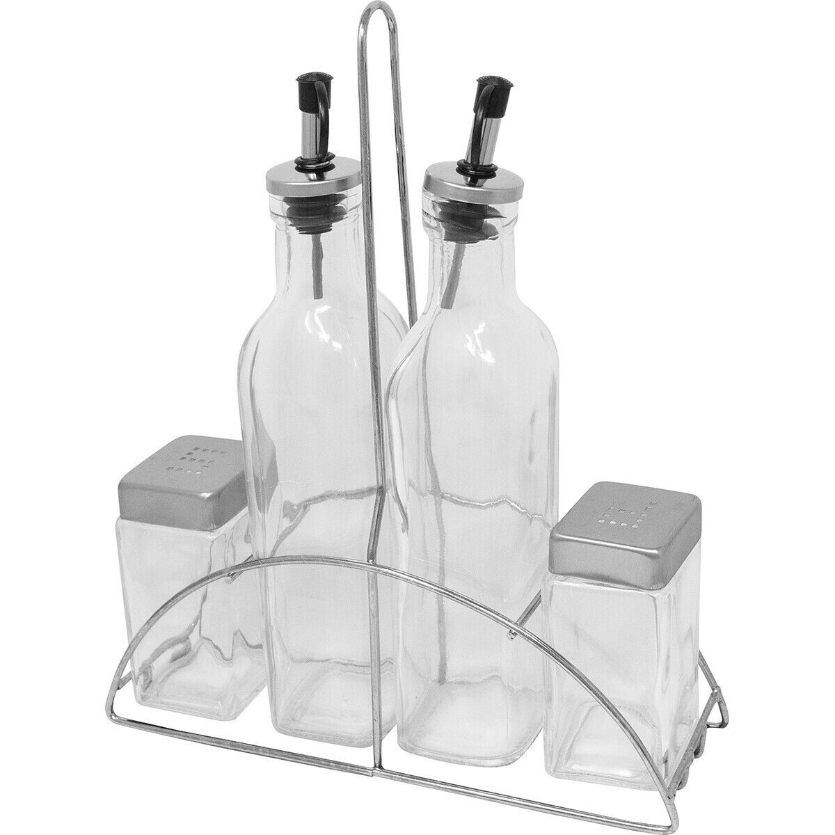 NEW 5PC GLASS CRUET SET SALT PEPPER OIL VINEGAR STAND CONDIMENT KITCHEN