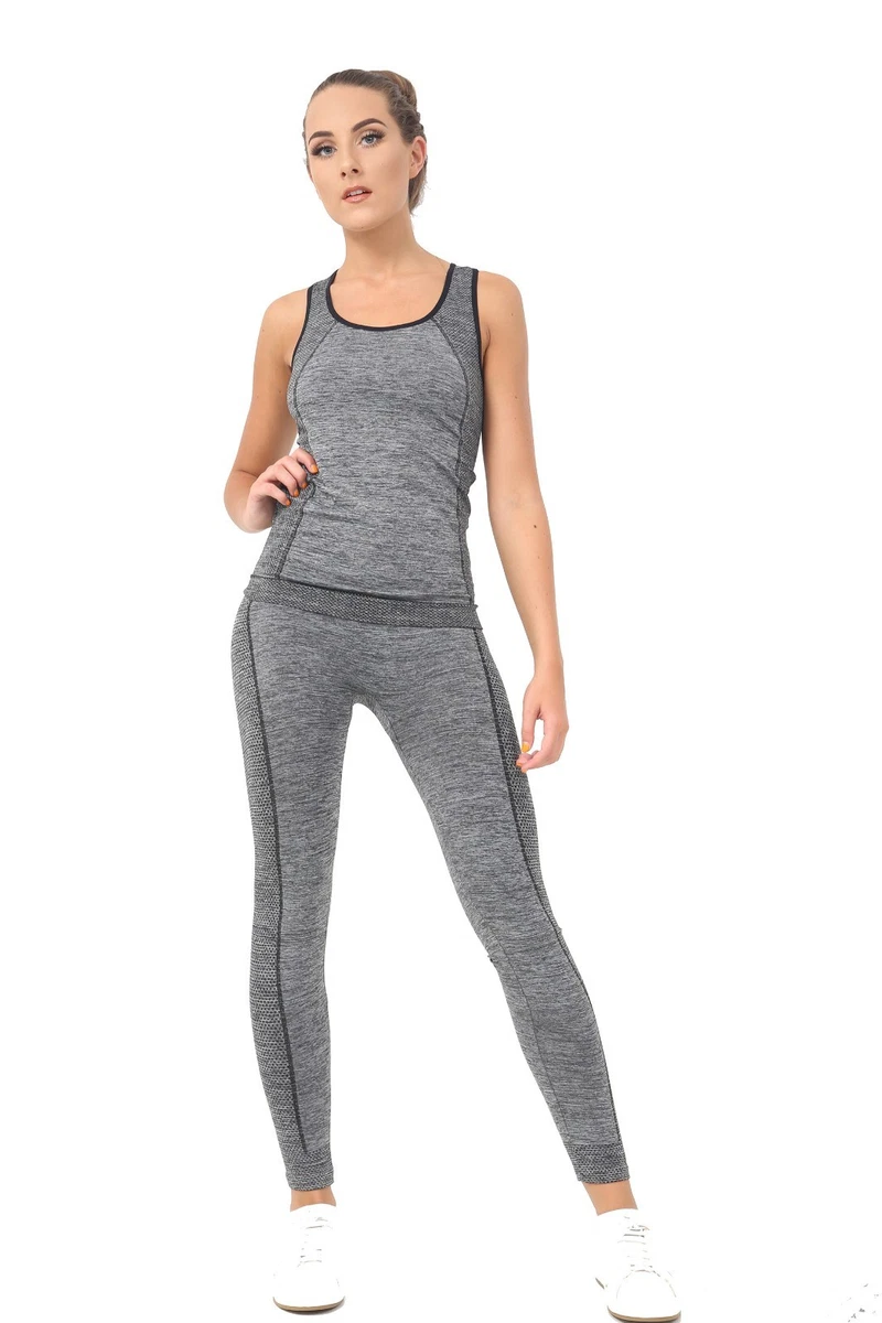 LADIES GYM LEGGINGS AND TOP VEST SET GREY PINK RUNNING SPORTS YOGA SPORTS