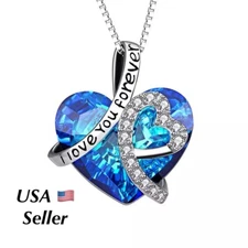 "I Love You Forever" Silver Heart Crystal Pendant Necklace Wife Daughter Mom N8