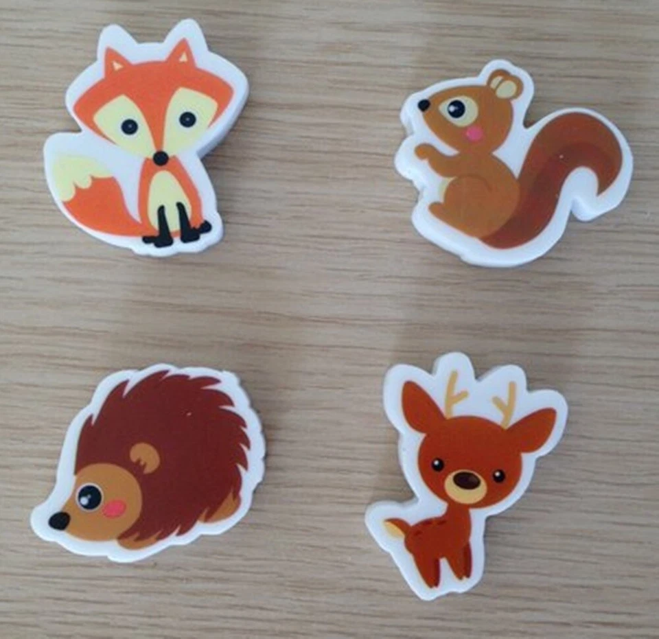 MARKENLOS WALDTIERE RADIERGUMMI SET 4 STÜCK Schreiben Schule Eraser Radieren NEUWARE