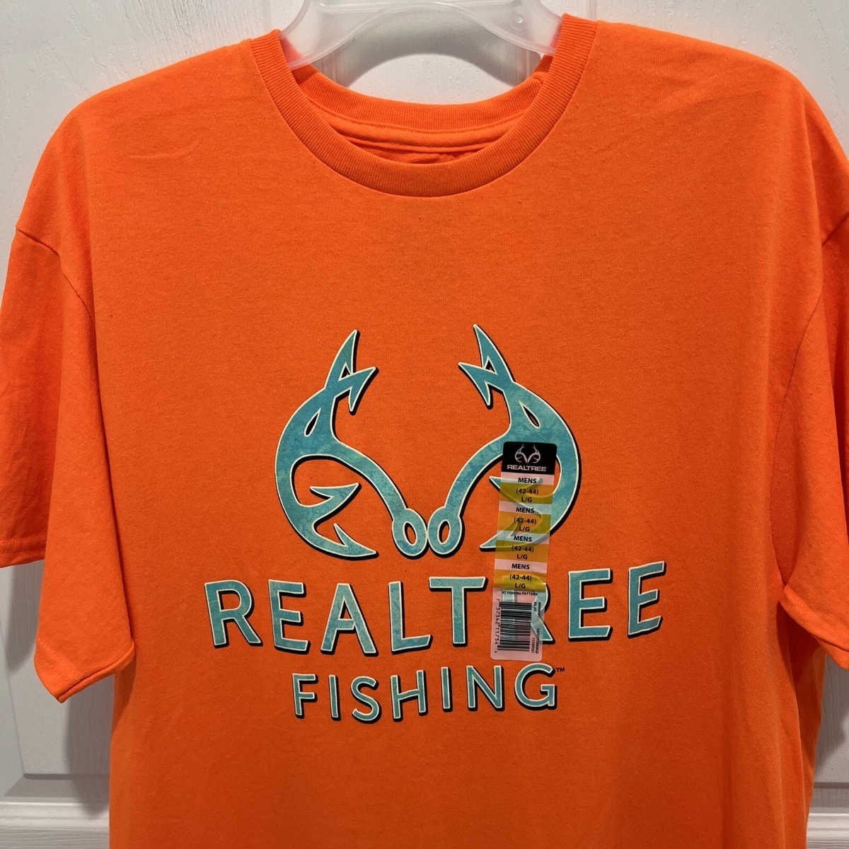 Realtree Men's T-Shirt Bright Orange with Blue Logo Fishing Size L