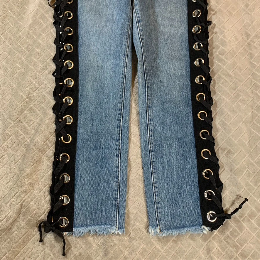 Pantalones de mezclilla Carmar para mujer 25 azules rectos con cordones laterales botón mosca 100 % algodón Foto 3 de 4