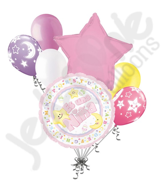 Details about / 7 pc Es Una Nina Stars /& Moon Balloon Bouquet Party Decoration Welcome Pink Girl