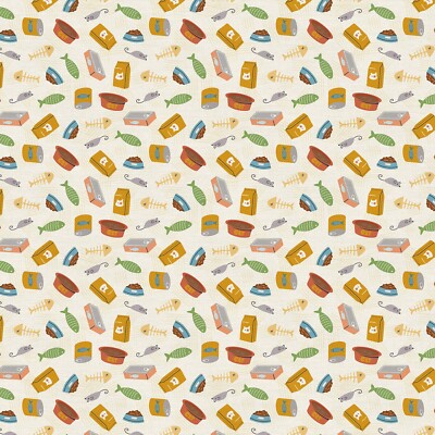 Feline Drive Fabric HERE KITTY KITTY Cat Food Cream - Fat Quarter (18''x 22'') FQ