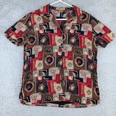 Notations Top Womens Small Red Brown Abstract Patchwork Aztec Button-Up