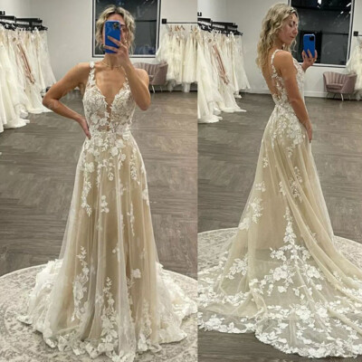 Champagne Deep V Neck Lace Wedding Dresses Bridal Dresses Backless Sweep Train eBay