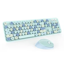 Wireless Keyboard and Mice ComboRetro Round Keys Full-Sized Cute Keyboard 2.4...