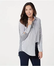 Attitudes by Renee Parisian Button-Down Shirt Black Stripe Reg 12 A376229