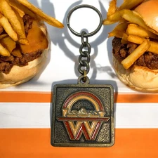 Vintage WHATABURGER Brass Tone Enamel Key Ring Chain Charm Retro Texas Souvenir