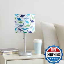 Heritage Kids Dinosaur Printed Fabric Shade Stick Table Lamp Silver Metal Base
