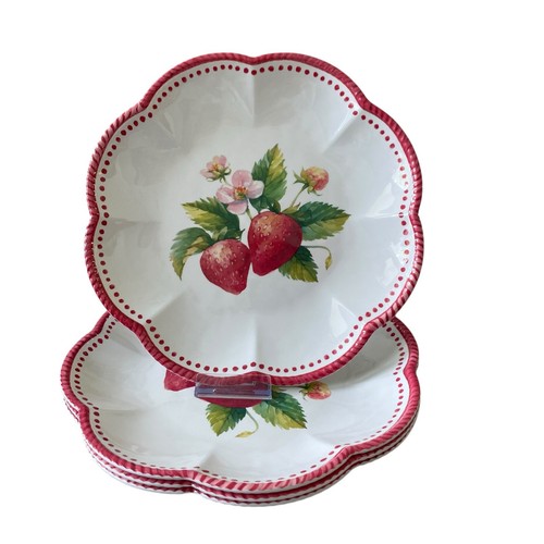 Summer Strawberry Melamine Dinner Plates 11in Set of 4 Scalloped Edge NEW - Afbeelding 9 van 12
