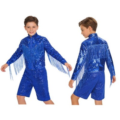 US Kids Jacket And Shorts Birthday Outerwear Clothes Zip Up Sequin Tassel Coats