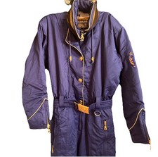 Vintage Ski Suit Snowsuit Women 10 Couloir Snow Jumpsuit Blue Gold Hardware Hood