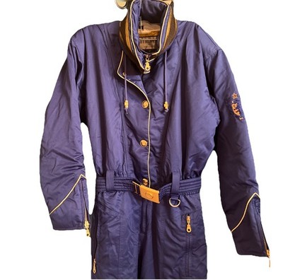 Vintage Ski Suit Snowsuit Women 10 Couloir Snow Jumpsuit Blue Gold Hardware Hood