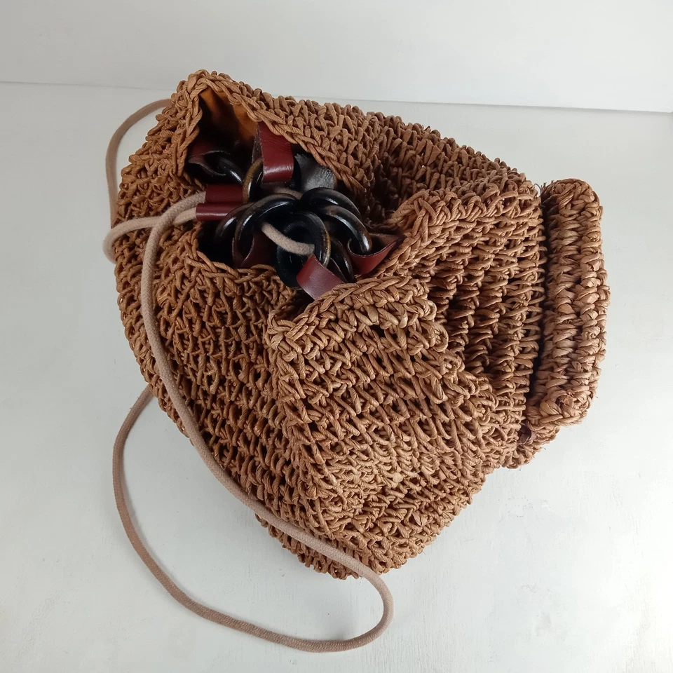 Unique Luxe Brown Cognac Basket Weave Backpack Satchel Bag Leather Wood Toggle - Image 4 of 4